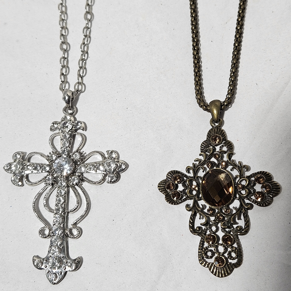 Lot of 2 Gothic Style Large Cross Pendant Fashion Necklaces